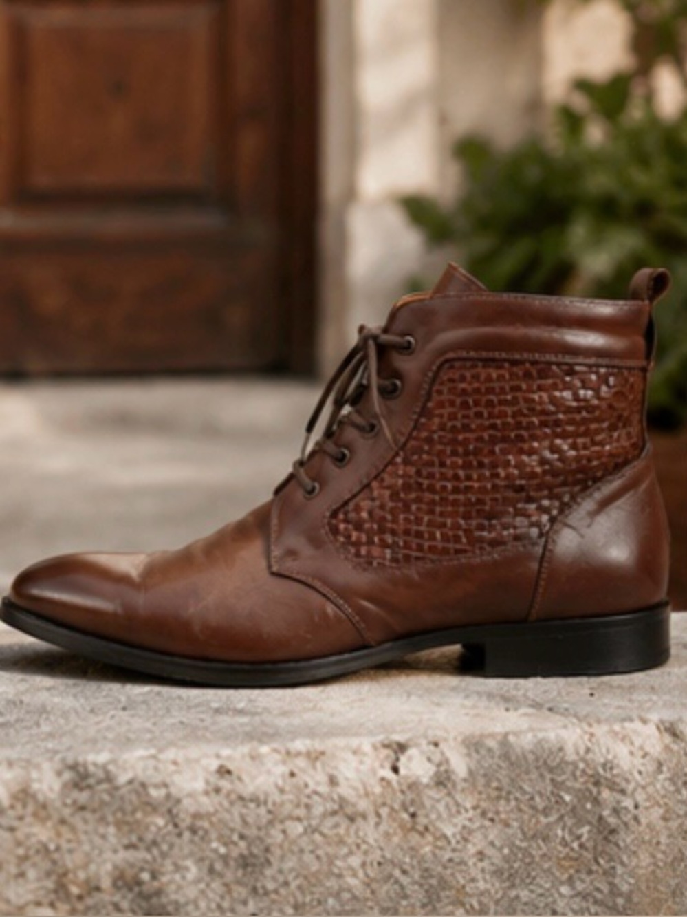 HELM Brown Leather Chukka Boots with Woven Side Panels